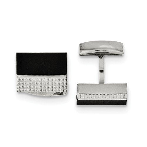 Stainless Steel polished, Black Agate, Block Textured Cuff Links, 20MM