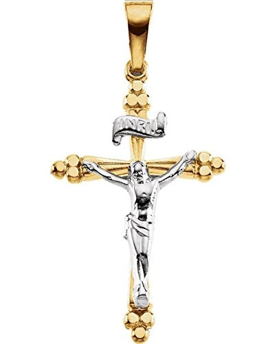 Two-Tone Treflee Crucifix 14k Yellow and White Gold Pendant (24.25X16.25MM)