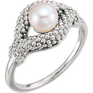 Platinum Beaded Ring with White Freshwater Cultured Pearl (6-6.5MM)