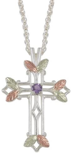 Amethyst Pointed Cross Pendant Necklace, Sterling Silver, 12k Green and Rose Gold Black Hills Gold Motif, 18"