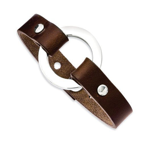 Men's Polished Stainless Steel 13mm Brown Leather Adjustable Bracelet, 9"
