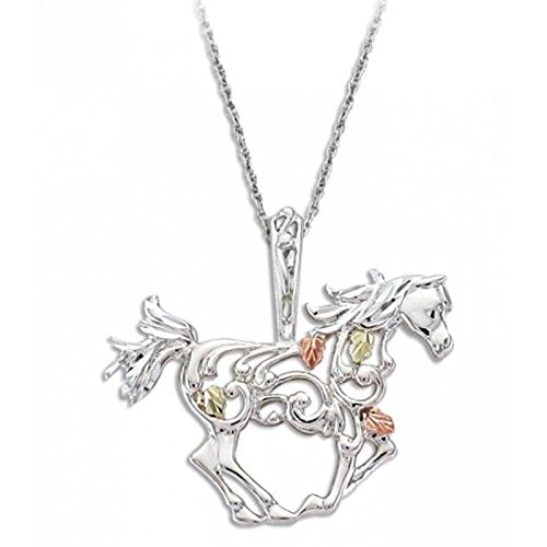 Scrollwork Horse Pendant Necklace, Sterling Silver, 12k Green and Rose Gold Black Hills Gold Motif, 18"