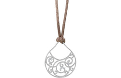 Diamond Scroll Sterling Silver Pendant with Brown Satin Cord, 18" (1/6 Cttw)