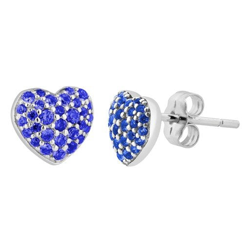 Bodacious Blue CZ Heart Stud Earrings, Rhodium Plated Sterling Silver