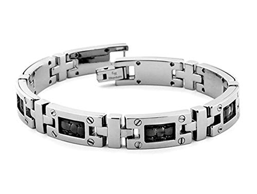 Men's Texture Collection Gray Titanium 10mm Black Leather Fold Over Link Bracelet, 8"