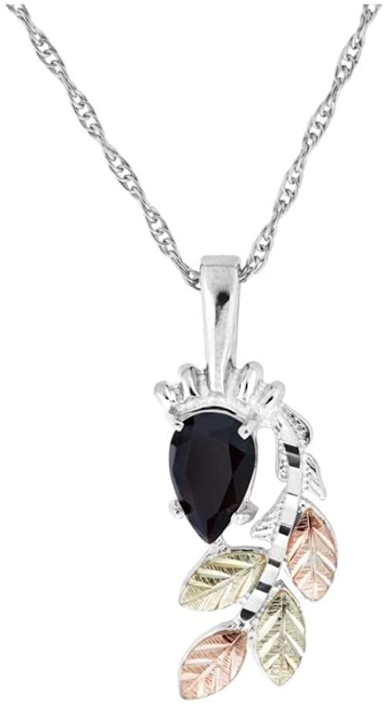 Rhodium-Plated Sterling Silver Onyx Pear Pendant Necklace, 12k Rose and Green Gold Black Hills Gold 18 and 24 Inches