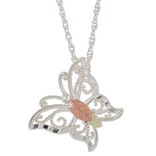 Butterfly Pendant Necklace, Sterling Silver, 12k Green and Rose Gold Black Hills Gold Motif, 18''
