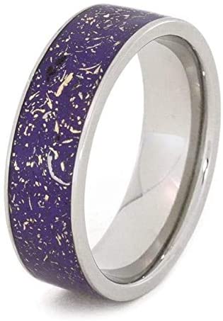 The Men's Jewelry Store (Unisex Jewelry) Purple Stardust with Meteorite and 14k Yellow Gold 7mm Comfort-Fit Titanium Ring, Size 7.5