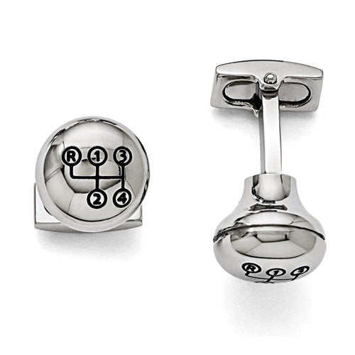 Stainless Steel Polished Stick Shift Design Enameled Round Cuff Links