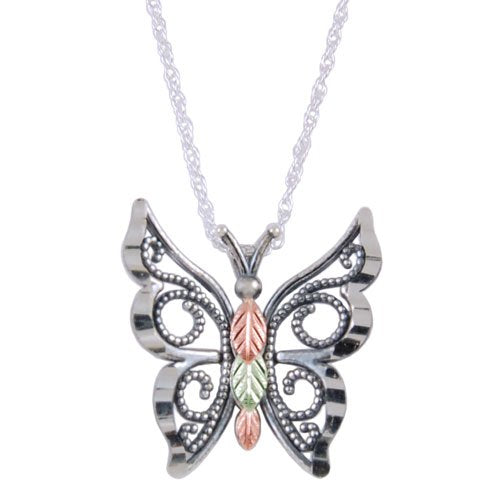 Antiqued Butterfly Pendant Necklace, Sterling Silver, 12k Green and Rose Gold Black Hills Gold Motif, 18''