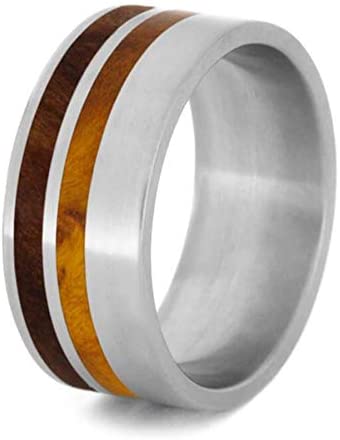 Men's Titanium Gold Box Elder Burl Wood and Redwood 10mm Comfort-Fit Band, Handmade, Size 11.5