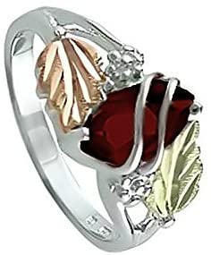 Marquise Created Garnet January Birthstone Ring, Sterling Silver, 12k Green and Rose Gold Black Hills Gold Motif 5.5