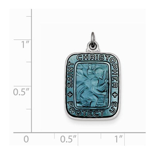 Sterling Silver Blue Enamel Square St. Christopher Medal Pendant (21X15MM)