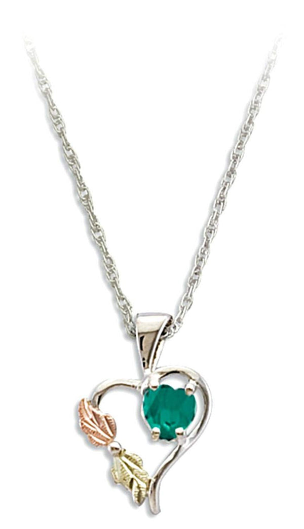 Green CZ May Birthstone Heart Pendant Necklace, Sterling Silver, 12k Green and Rose Gold Black Hills Gold Motif, 18"
