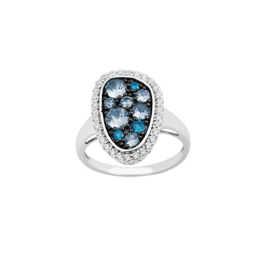 Blue Spinel, CZ Halo Rhodium Plated Sterling Silver Ring,