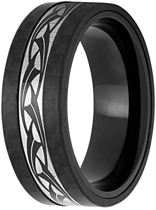 Men's Titanium, Black Carbon Fiber Tribal Design 8mm Comfort-Fit Band, Size 12.25