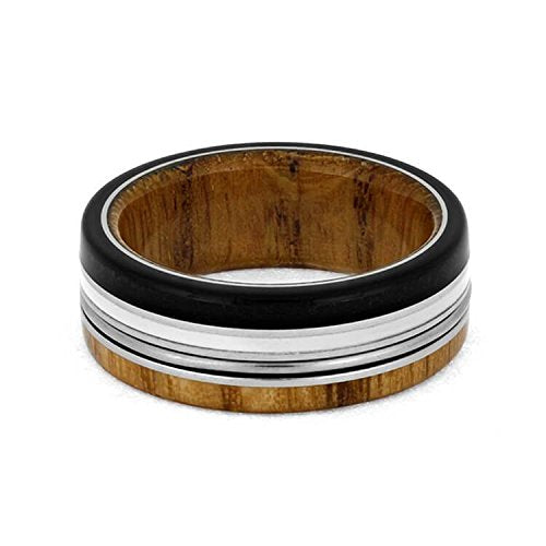 Ebony Wood, Oak Wood, Piano String, White Stripe 7.5mm Comfort-Fit Titanium Band, Size 10