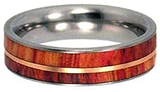 Tulip Wood, 12k Rose Gold Inlay 6.5mm Comfort Fit Titanium Wedding Band, Size 10