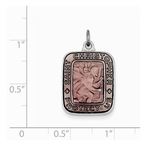 Sterling Silver Pink Enamel Square St. Christopher Medal Pendant (21X15MM)