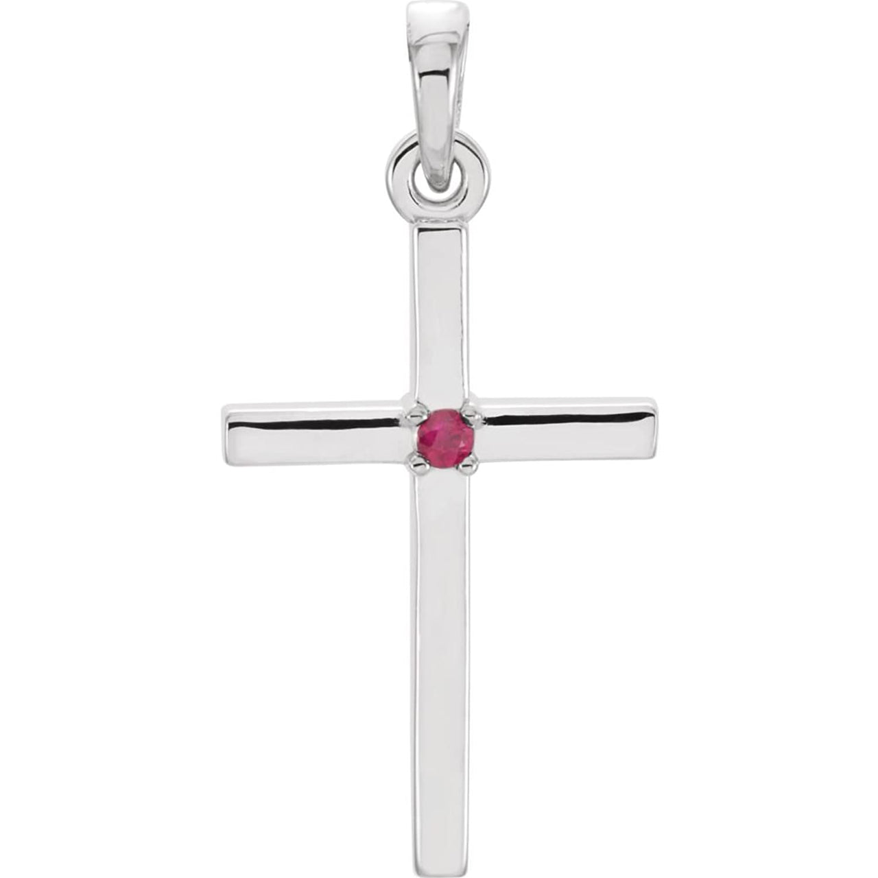 Ruby Inset Cross Rhodium-Plated 14k White Gold Pendant (22.65x11.4MM)