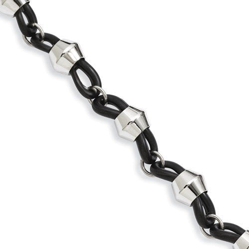 Men's Polished Stainless Steel Black Rubber 12mm Link Bracelet, 9"