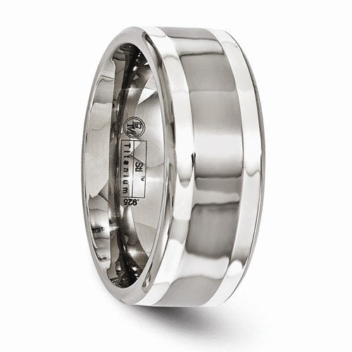 Silver Inlay Collection Mirror Polished Gray Titanium and Argentium Silver 9mm Band