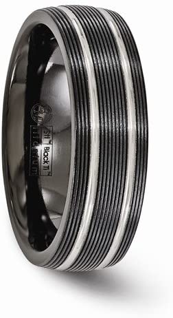 Black Ti Collection Titanium Grooved with Black Titanium Textured Lines 7mm Wedding Band, Size 11.5