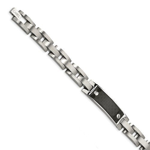 Men's Brushed Stainless Steel 10mm Black Carbon Fiber Inlay ID Link Bracelet, 8.75"