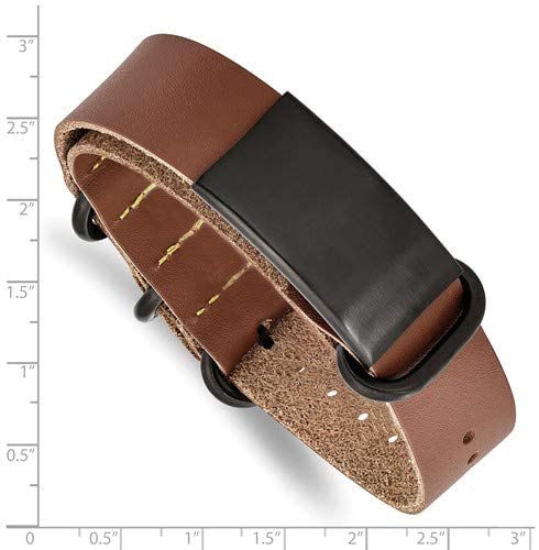 Men's Brown Leather, Brushed Black IP, Stainless Steel Adjustable ID Buckle-Clasp Bracelet