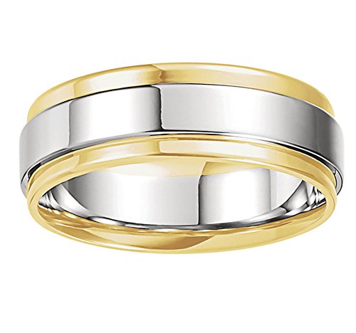 7.5 mm 18k Yellow Gold and Platinum Two-Tone Grooved Edge Flat Comfort Fit Band, Size 13
