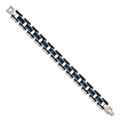 Men's Polished Stainless Steel Black and Blue Rubber Bracelet, 8.25"