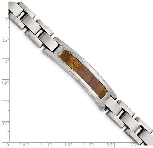 Men's Brushed Stainless Steel 12mm Wood Inlay Enameled Bracelet, 8.5 Inches