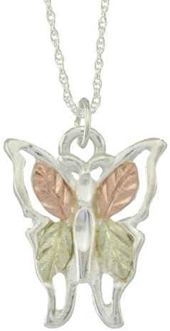 The Men's Jewelry Store (for HER) Butterfly Pendant Necklace, Sterling Silver, 12k Green and Rose Gold Black Hills Gold Motif, 18''