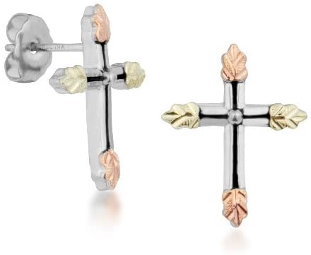 Ave 369 Antiquing with Beveled Edge Cross Earrings, Sterling Silver, 12k Green and Rose Gold Black Hills Gold Motif
