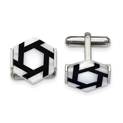 Stainless Steel Mother Of Pearl and Black Agate Hexagon Cuff Links
