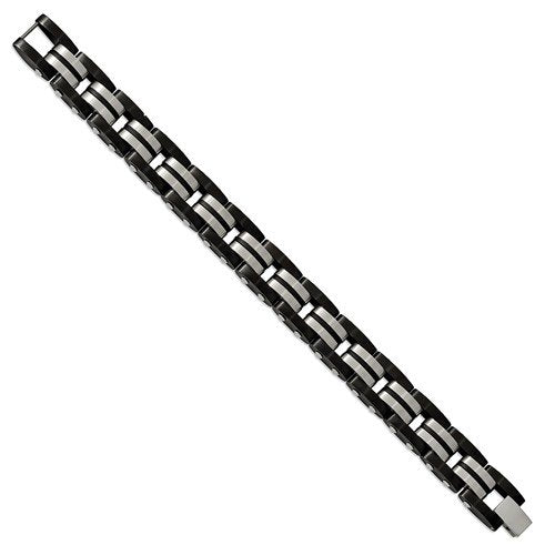 Men's Polished Stainless Steel 12.4mm Brushed Black IP-Plated with Black Rubber Bracelet, 8.25"