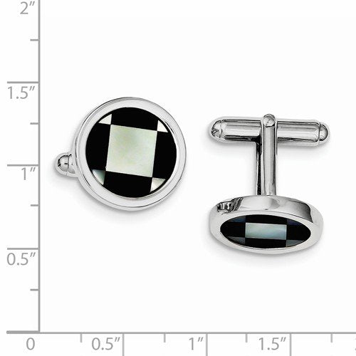 Rhodium-Plated Sterling Silver with Mother Of Pearl and Black Enamel Coin Cuff Links, 17MM