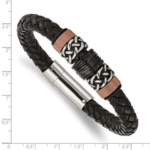 Men's Black Rubber and Braided Leather Black IP, Brown IP, Antiqued Stainless Steel Bracelet, 8.5 Inches