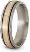 Satin Brushed Titanium, 14k Yellow Gold and Black Pinstripes 6mm Comfort-Fit Dome Wedding Band, Size 10