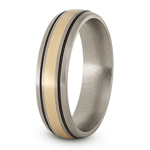Satin Brushed Titanium, 14k Yellow Gold and Black Pinstripes 6mm Comfort-Fit Dome Wedding Band