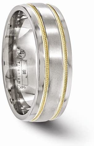 Gold Collection Brushed Titanium, 14k Yellow Gold Milgrain 7mm Grooved Bands,Size 12.5