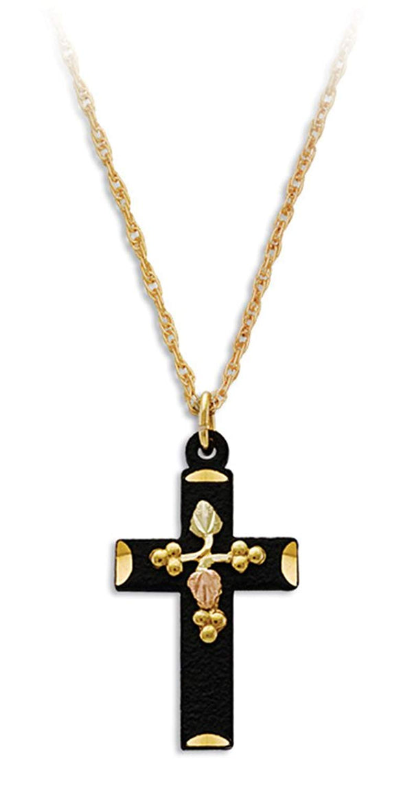 Black Coated Cross Pendant Necklace, 10k Yellow Gold, 12k Green and Rose Gold Black Hills Gold Motif, 18''