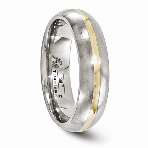 Gold Inlay Collection Brushed Gray Titanium, 14k Yellow Gold 6mm Domed Comfort-Fit Band