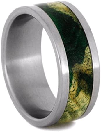 Interchanging Band: Green Box Elder Burl or Ironwood 9mm Comfort-Fit Titanium Band, Size 12