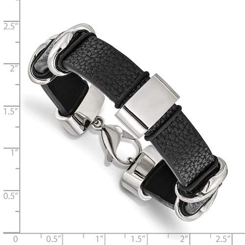 Men's Black Leather Stainless Steel lobster-Clasp Bracelet, 8.5 Inches