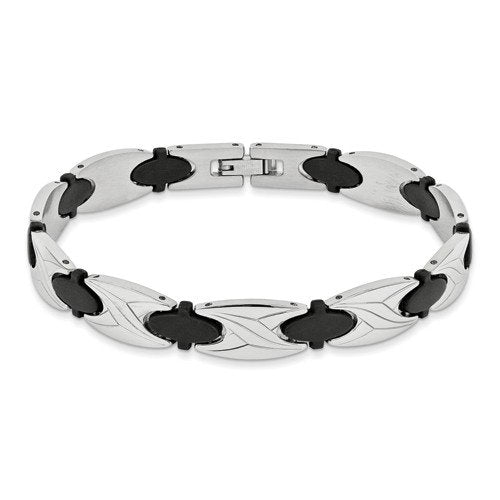 Men's Stainless Steel Black Rubber Design Bracelet, 9"