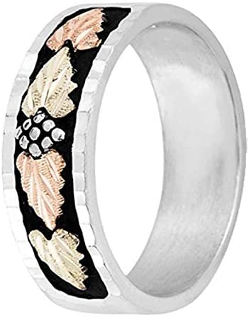 Sterling Silver, 12k Rose and Green Gold Black Diamond-Cut Black Hills Gold Wedding Band, His and Hers Wedding Ring Set M11-F3