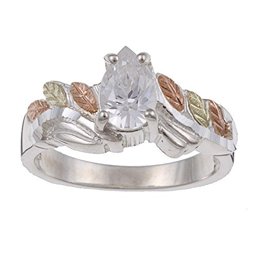 Fancy CZ Pear and Leaf Band, 12k Green & Rose Black Hills Gold Motif, Sterling Silver Ring, Nature-Inspired Women's Fashion Jewelry