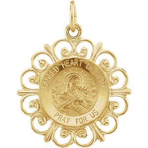 Rhodium Plated 14k Yellow Gold Sacred Heart of Mary Medal (18.5 MM)