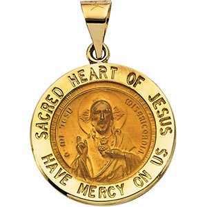 14k Yellow Gold Hollow Round Sacred Heart of Jesus Medal (18.5 MM)